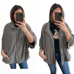 Grey Sweatshirt Zip Front Cape Shrug with Pockets